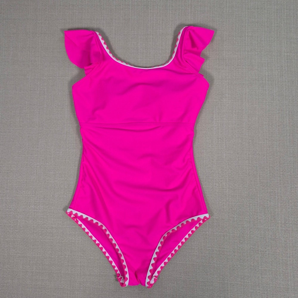 Girls Pink Ruffle One Piece Swimsuit Ric Rac Trim Size 11-12Y